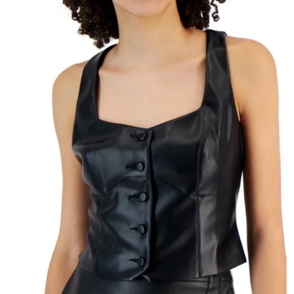 Bar III Button-Up Faux-Leather Tank Top Vest